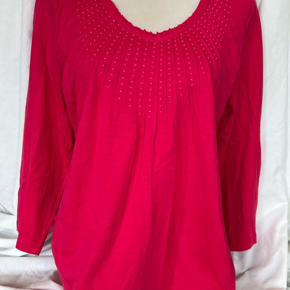 CHICO'S STRAWBERRY PINK PIN TUCK TOP 2 Large cotton beaded NWT New - Picture 3 of 12